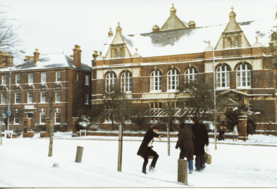 Blackheath Concert Halls in the snow photographed before 1980.